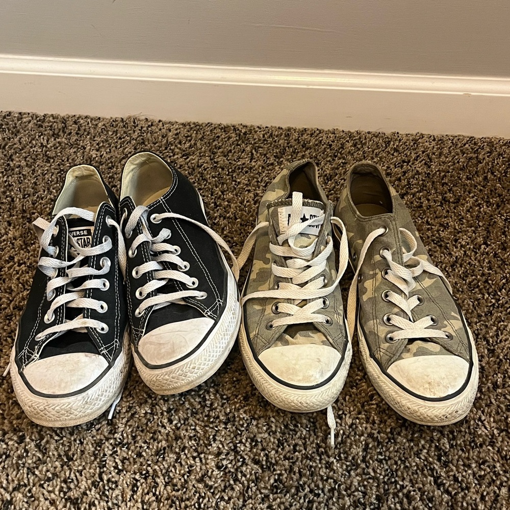 Converse. Two pair, camo and black converse.
